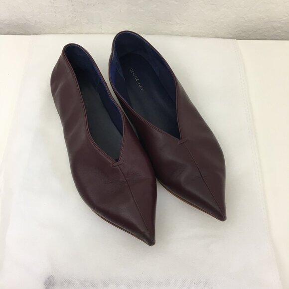 CELINE Authentic Peep Toe Flats Womens 35.5 Made in Italy Burgundy Soft Leather - Picture 1 of 13